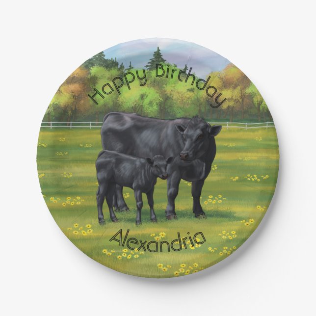 Black Angus Cow & Cute Calf in Summer Pasture Paper Plate (Front)