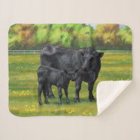 Black Angus Cow & Cute Calf in Summer Pasture