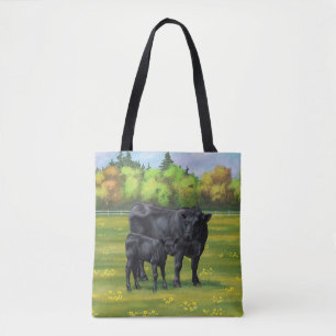 Black Angus Cow & Cute Calf in Summer Pasture Tote Bag