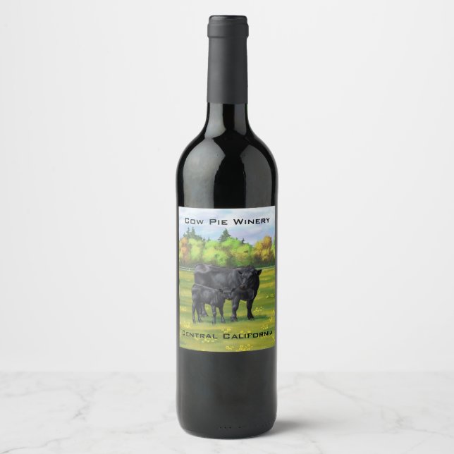 Black Angus Cow & Cute Calf in Summer Pasture Wine Label (Front)