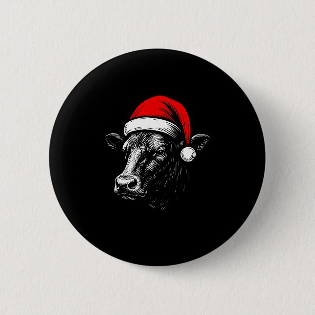 Black Angus Rancher Christmas Cow Santa Hat Farmer 6 Cm Round Badge (Front)