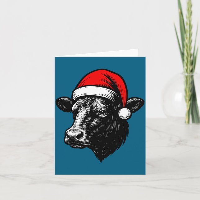 Black Angus Rancher Christmas Cow Santa Hat Farmer Card (Front)