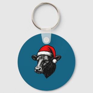 Black Angus Rancher Christmas Cow Santa Hat Farmer Key Ring