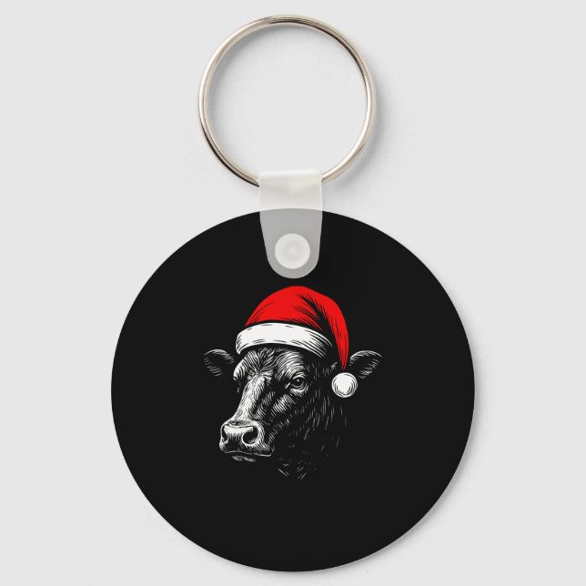Black Angus Rancher Christmas Cow Santa Hat Farmer Key Ring (Front)