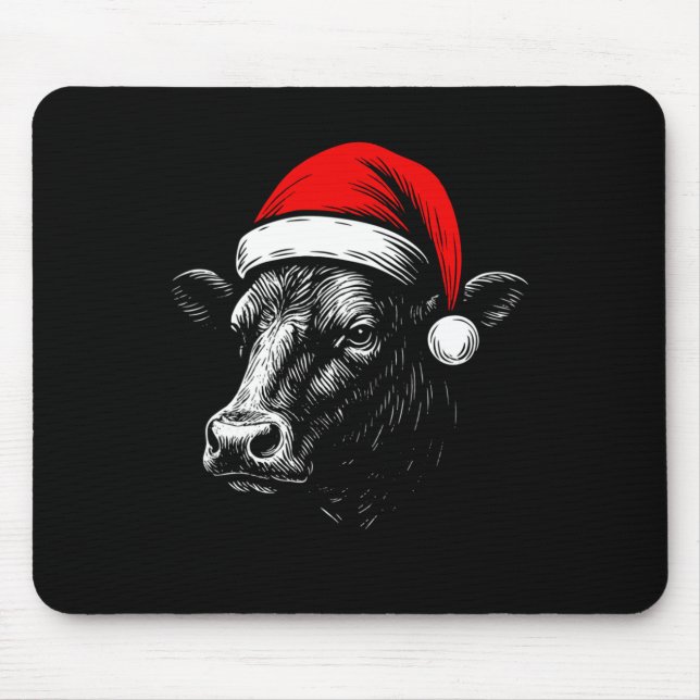 Black Angus Rancher Christmas Cow Santa Hat Farmer Mouse Mat (Front)