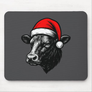 Black Angus Rancher Christmas Cow Santa Hat Farmer Mouse Mat