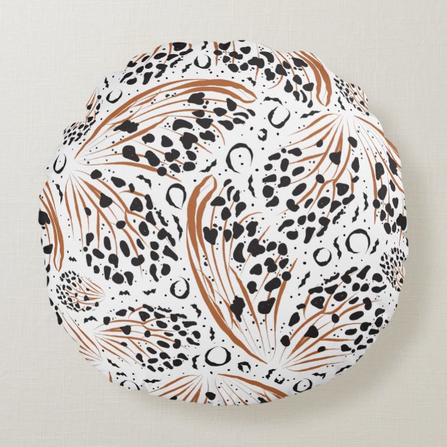 Black Animal Print Terracotta Swirl Pattern Round Cushion (Front)