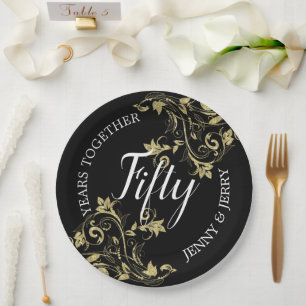 Black Anniversary Paper Plate with gold flowers