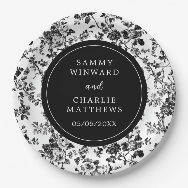 Black Antique Chinoiserie Wedding Paper Plate (Front)