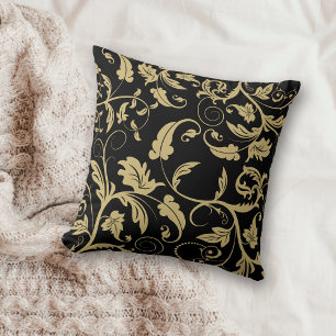 Black Antique Gold Retro Leaf Swirl Cushion