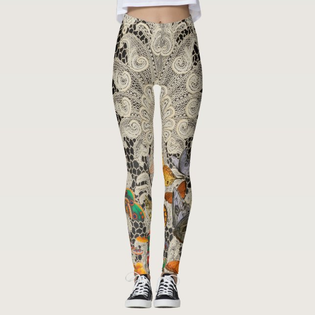 BLACK ANTIQUE LACE PATTERN BUTTERFLIES LEGGINGS (Front)