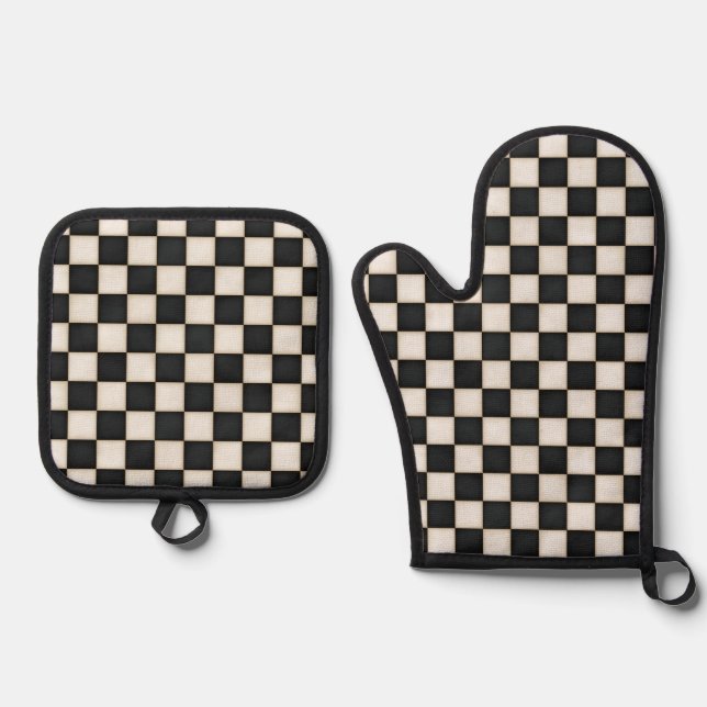 Black & Antique White Chequered Oven Mitt & Pot Holder Set (Front)
