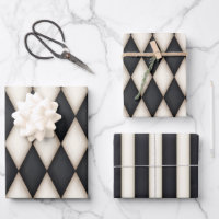 Black & Antique White Harlequin Diamonds & Stripes