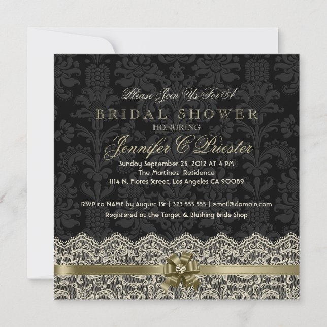 Black & Antique White Lace Bridal Shower Invite (Front)