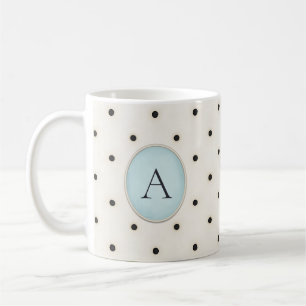 Black & Antique White Polka Dots Monogram (Blue) Coffee Mug