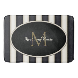 Black & Antique White Stripes Bronze Monogram Bath Mat