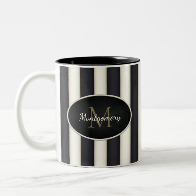 Black & Antique White Stripes Bronze Monogram Two-Tone Coffee Mug (Left)