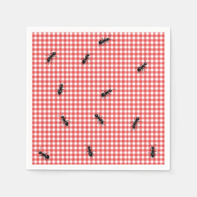 Black Ants on White and Red Gingham Napkin (Front)