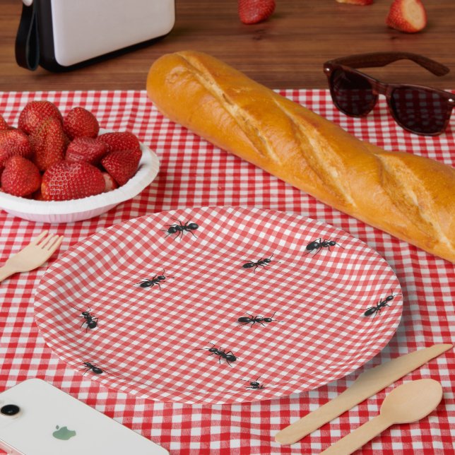 Black Ants on White and Red Gingham Paper Plate (Picnic)