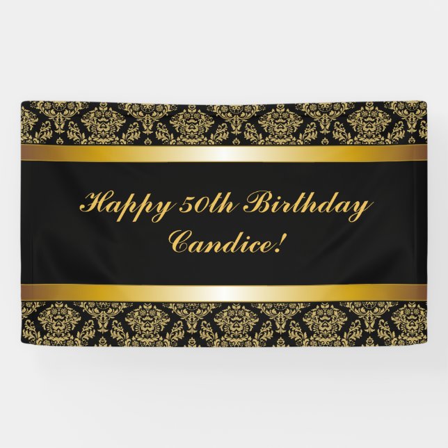 Black Any Age Gold Damask Birthday Banner (Horizontal)