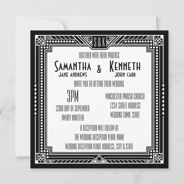 Black & Any Colour Great Gatsby Geometric Wedding Invitation (Front)