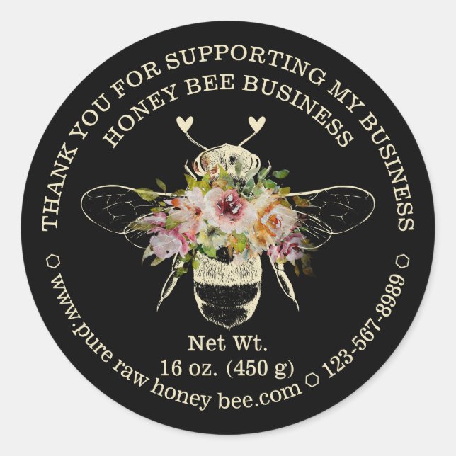 Black Apiary Honey Bee with heart Thank you Classic Round Sticker (Front)