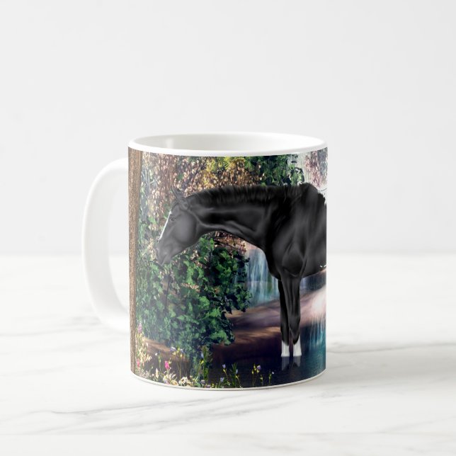 Black Appaloosa Horse Waterfall Background Coffee Mug (Front Left)