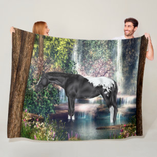 Black Appaloosa Horse Waterfall Background Fleece Blanket