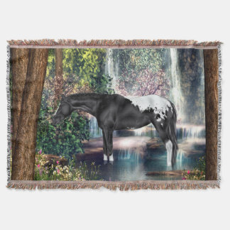 Black Appaloosa Horse Waterfall Background Throw Blanket