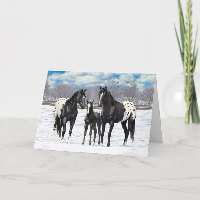 Black Appaloosa Horses In Snow Holiday Card (Front)