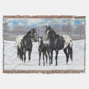 Black Appaloosa Horses In Snow Throw Blanket