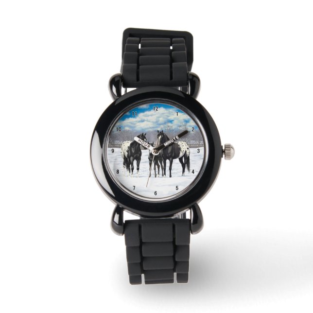 Black Appaloosa Horses In Snow Watch (Front)