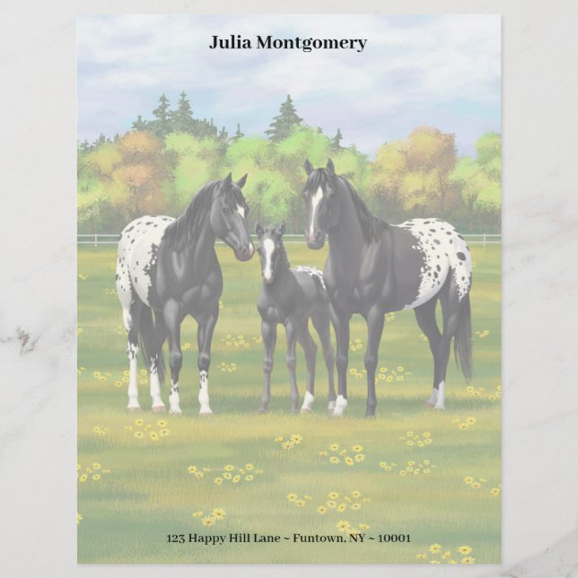 Black Appaloosa Horses In Summer Pasture Custom Letterhead (Front)