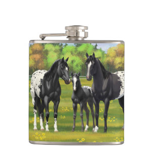 Black Appaloosa Horses In Summer Pasture Hip Flask