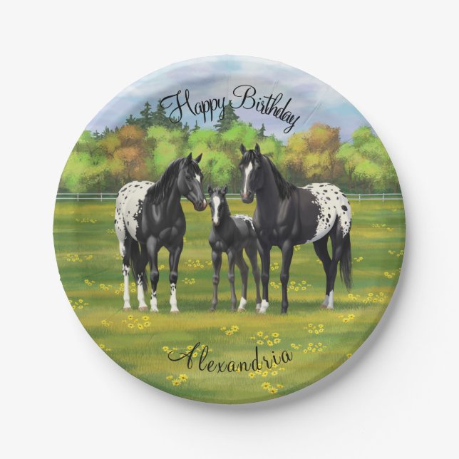 Black Appaloosa Horses In Summer Pasture Paper Plate (Front)