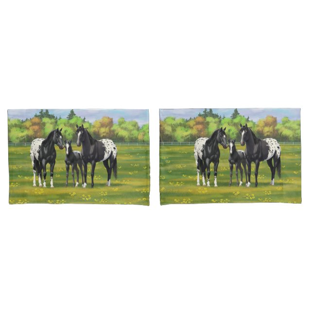 Black Appaloosa Horses In Summer Pasture Pillowcase (Front-Set)
