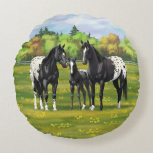 Black Appaloosa Horses In Summer Pasture Round Cushion