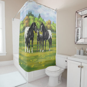 Black Appaloosa Horses In Summer Pasture Shower Curtain