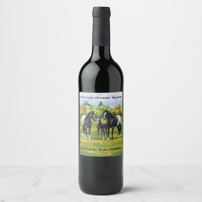 Black Appaloosa Horses In Summer Pasture Wine Label (Front)