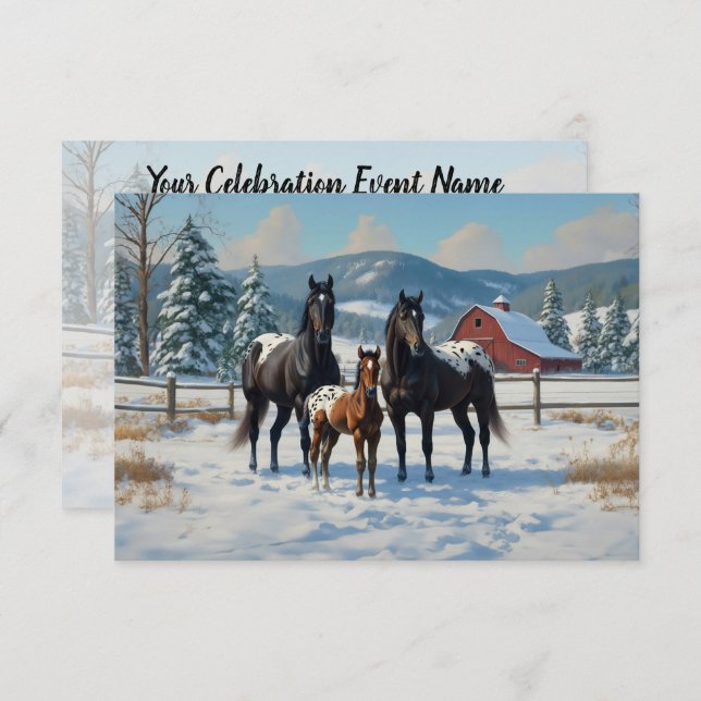 Black Appaloosa Horses on a Farm in Winter Invitation (Front/Back)
