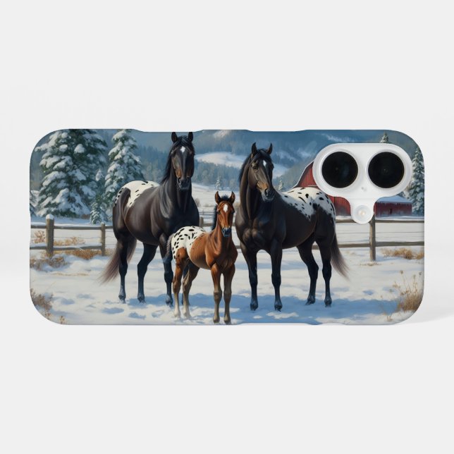 Black Appaloosa Horses on a Farm in Winter iPhone 16 Case (Back Horizontal)