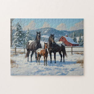 Black Appaloosa Horses on a Farm in Winter Jigsaw Puzzle
