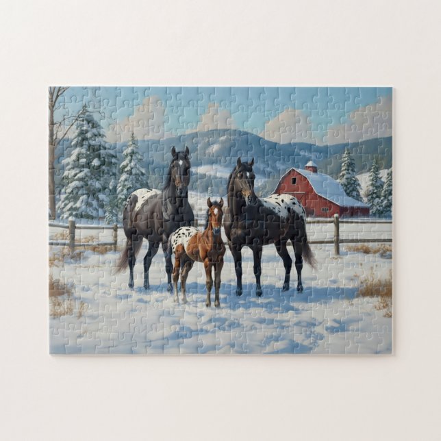 Black Appaloosa Horses on a Farm in Winter Jigsaw Puzzle (Horizontal)