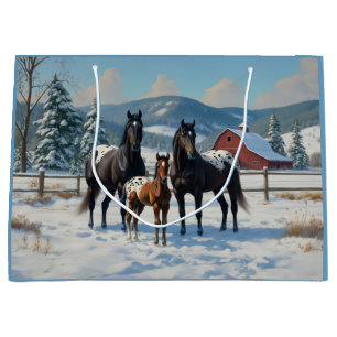 Black Appaloosa Horses on a Farm in Winter Large Gift Bag