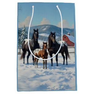 Black Appaloosa Horses on a Farm in Winter Medium Gift Bag