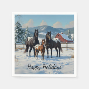 Black Appaloosa Horses on a Farm in Winter Napkin