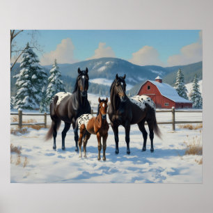 Black Appaloosa Horses on a Farm in Winter Poster