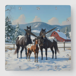 Black Appaloosa Horses on a Farm in Winter Square Wall Clock