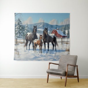 Black Appaloosa Horses on a Farm in Winter Tapestry