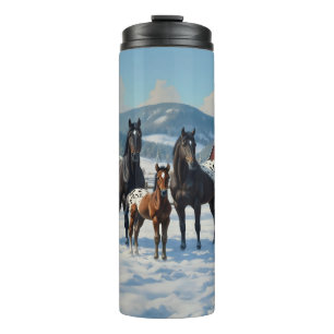 Black Appaloosa Horses on a Farm in Winter Thermal Tumbler